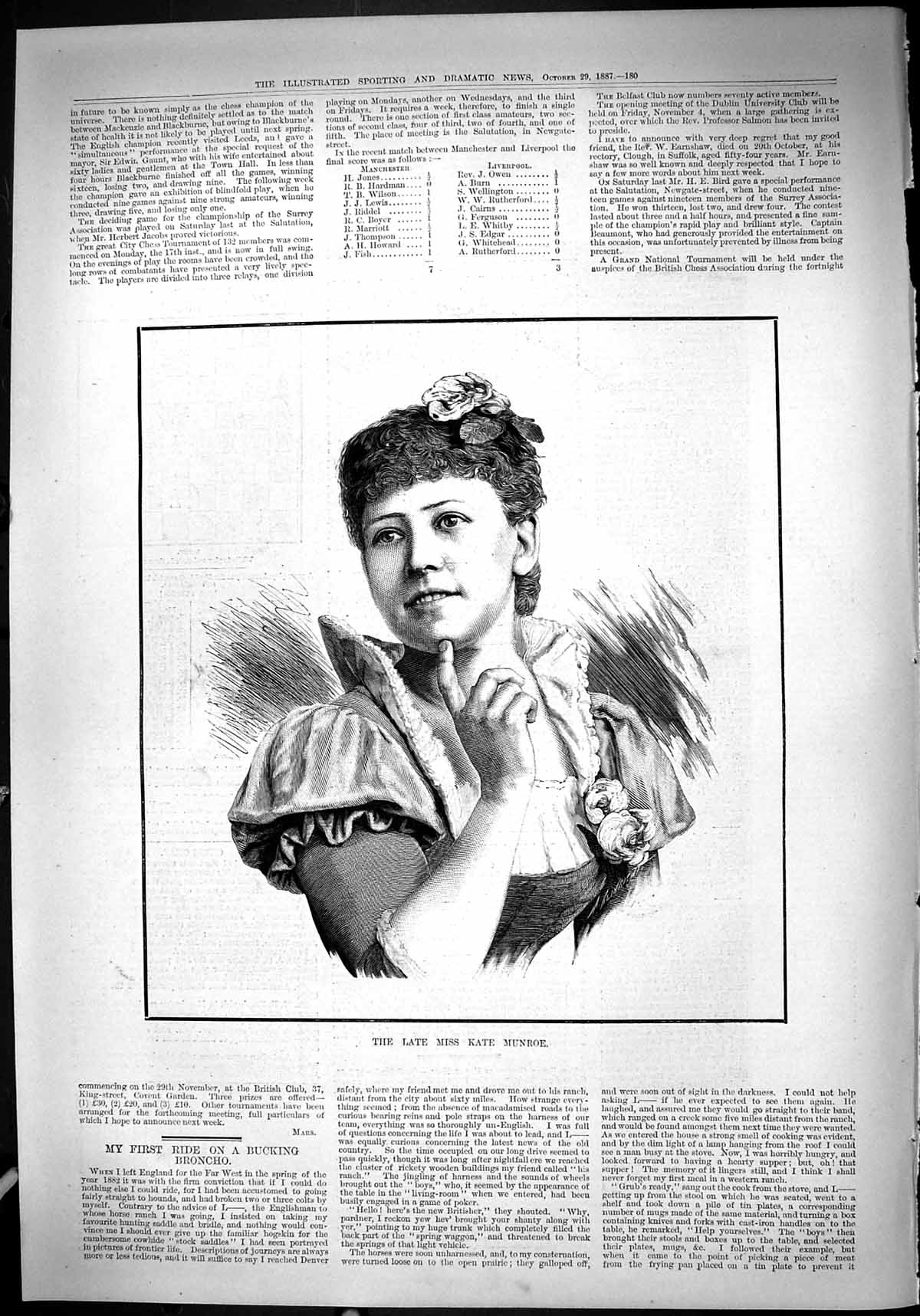 Original Old Antique Print Portrait Beautiful Woman Miss Kate Munroe 1887 19th