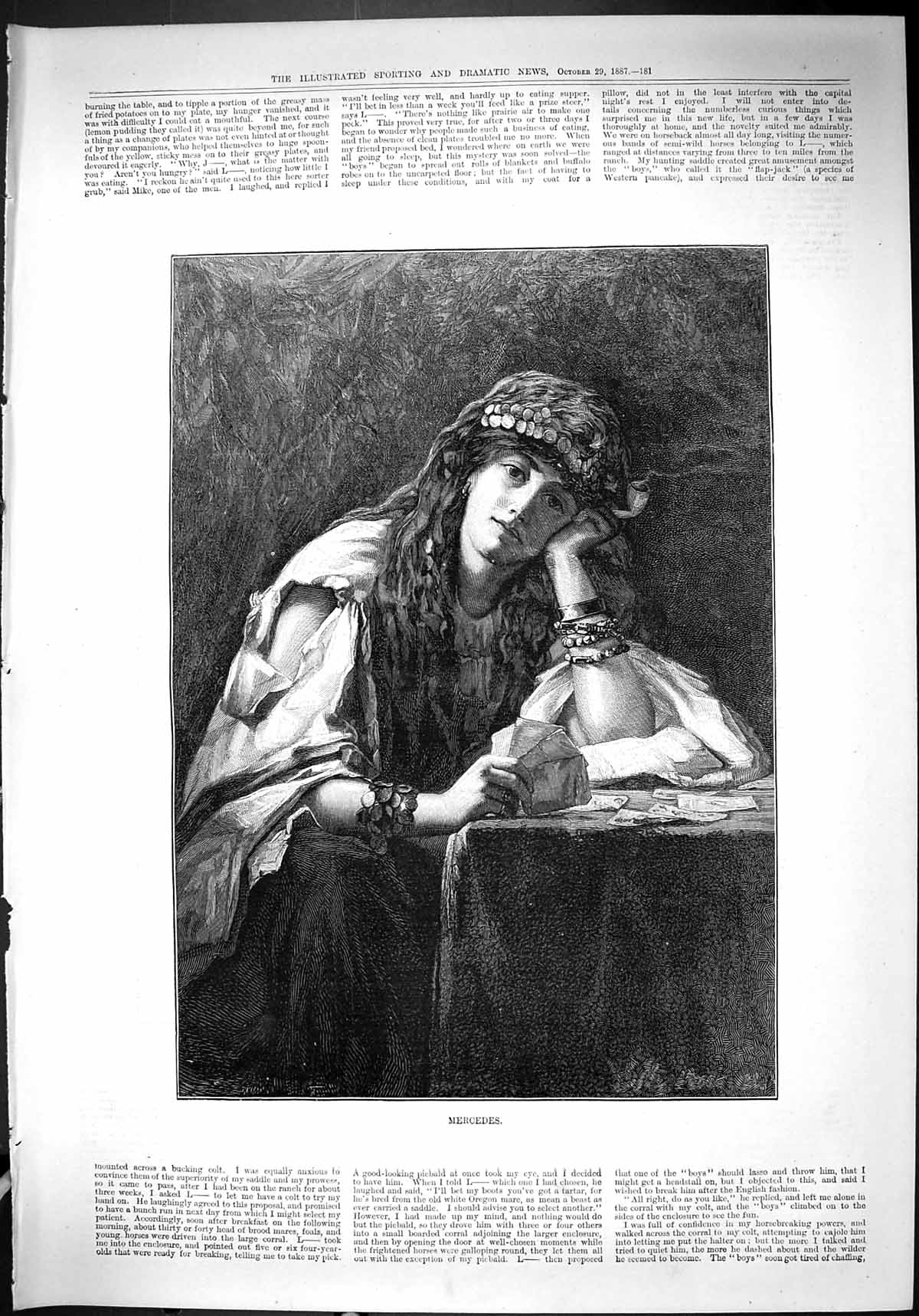 Original Old Antique Print 1887 Portrait Beautiful Woman Mercedes Victorian