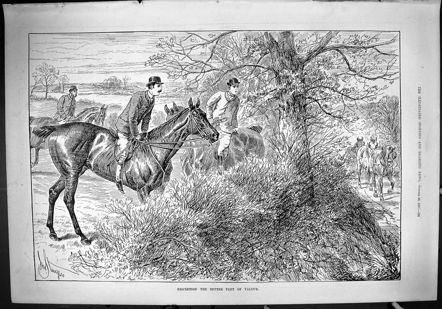 Old Print 1887 Discretion Better Part Valour Horse Hunting Hedge Huntsmen 19th