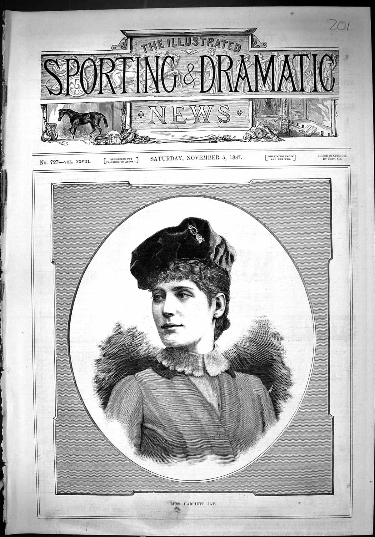 Original Old Antique Print 1887 Portrait Beautiful Woman Miss Harriett Jay 19th