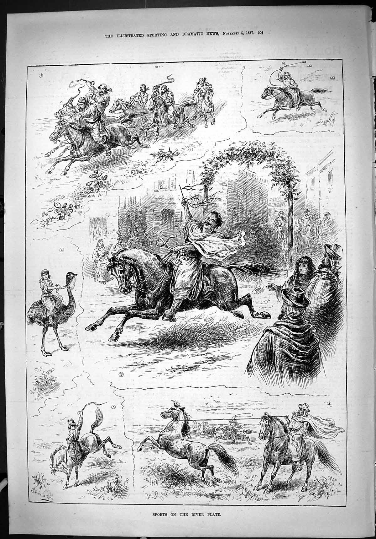 Original Old Antique Print 1887 Sports River Plate Horses Whips Emu Bird 19th