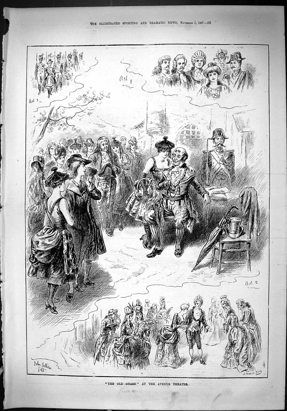 Original Old Antique Print Guard Avenue Theatre Actors Entertainment Swain 1887