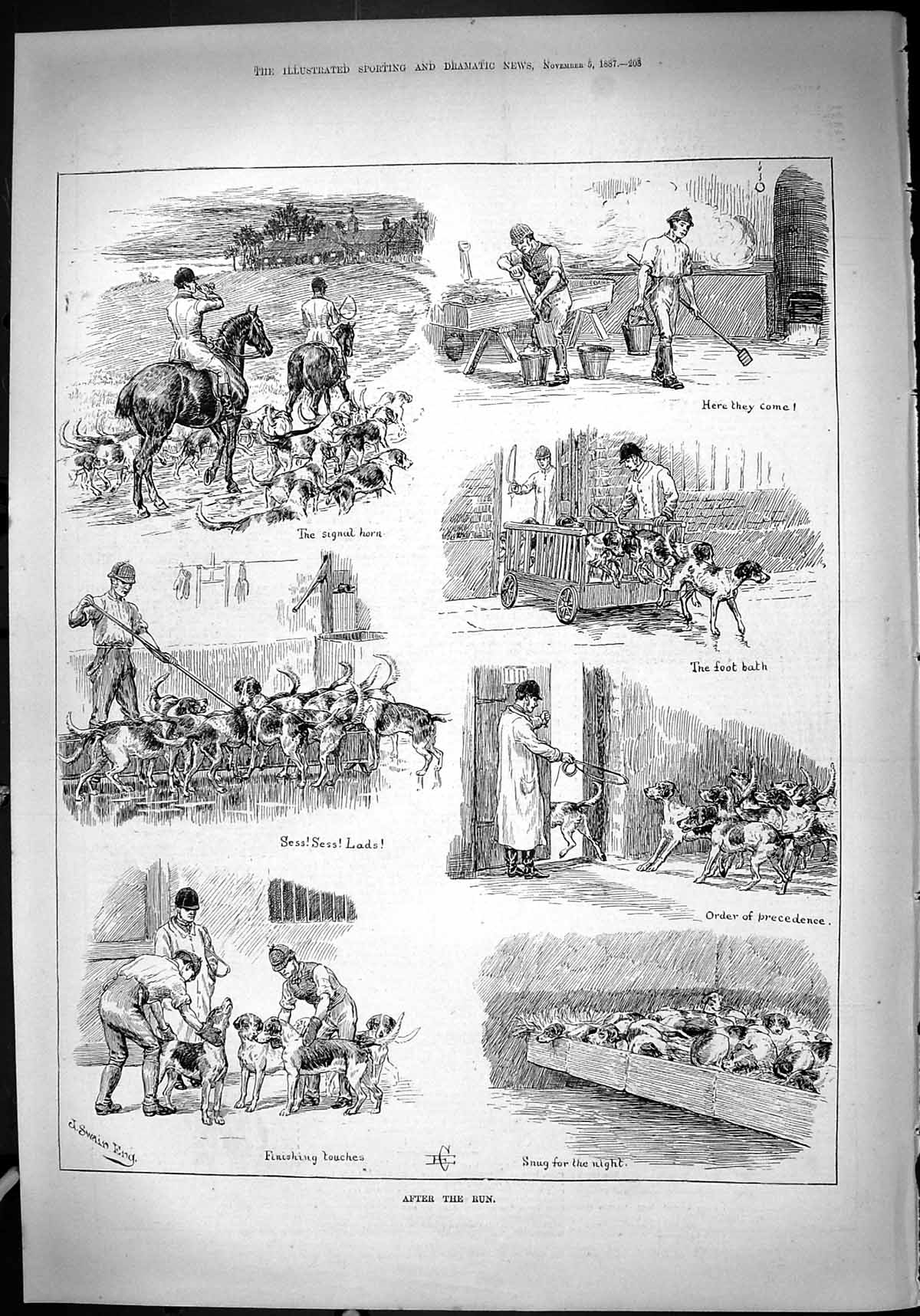 Antique Old Print Hunting Sport Hounds Horses Dogs Foot Bath Huntsmen 1887 19th