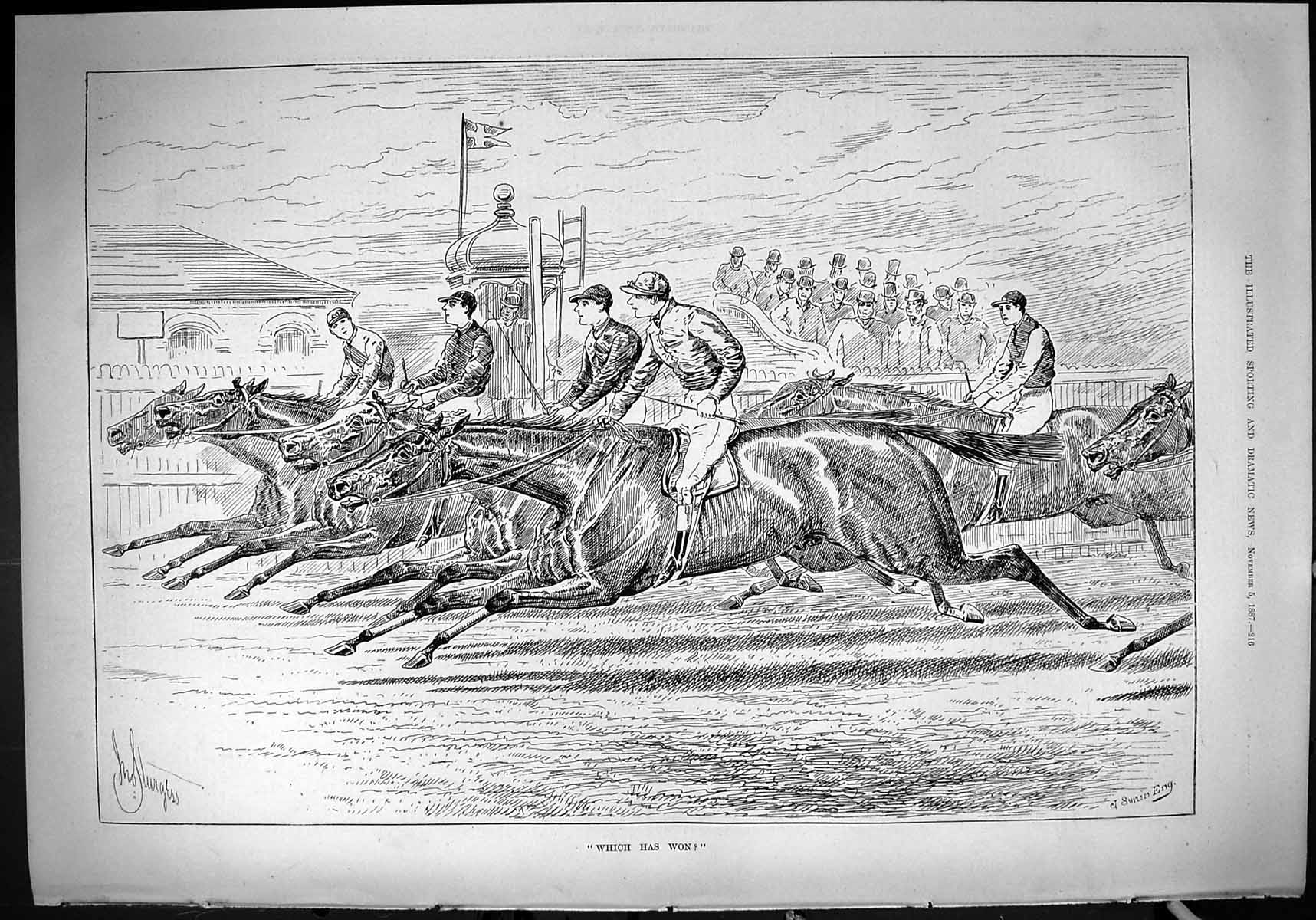 Old 1887 Horse Racing Photo Finish Jockeys Sport Which Has Won Swain Victorian