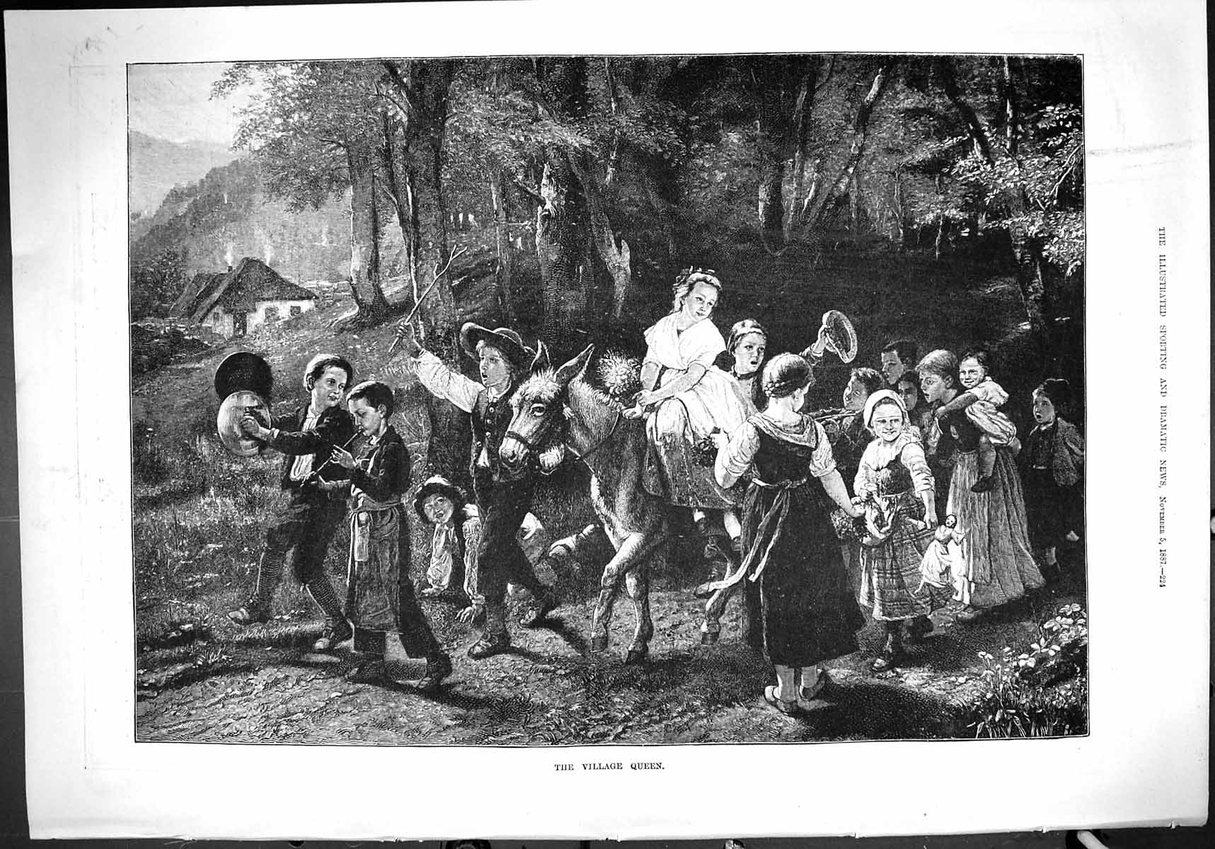 Antique Old Print Fine Art 1887 Village Queen Children Donkey Entertainment