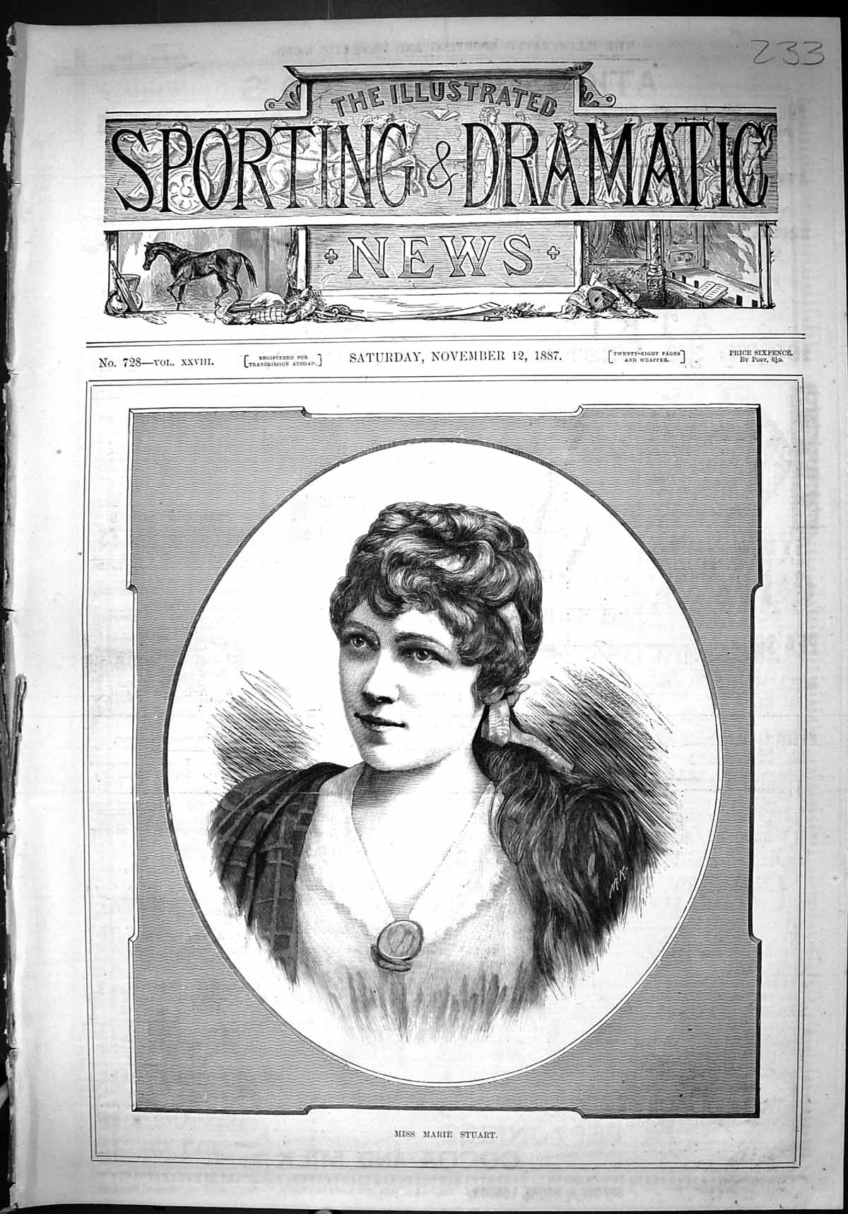Original Old Antique Print 1887 Portrait Beautiful Woman Miss Marie Stuart 19th