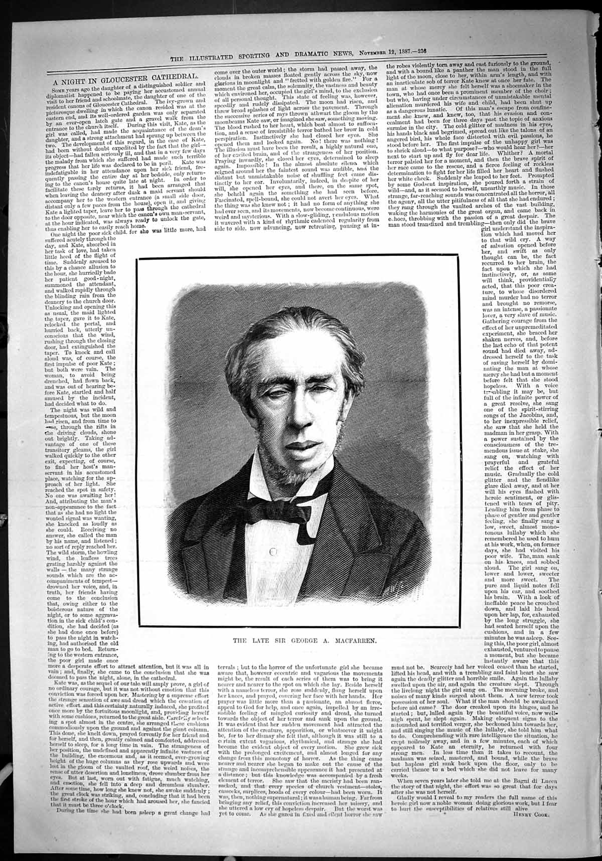 Original Old Antique Print 1887 Portrait Late Sir George Macfarren Victorian