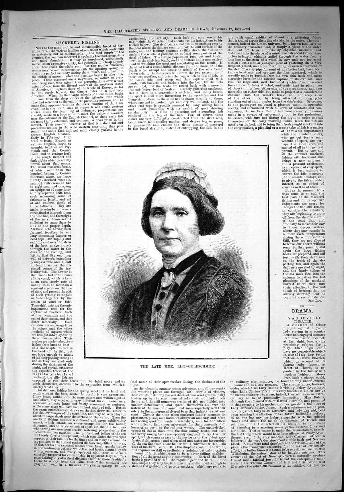 Original Old Antique Print 1887 Portrait Mme. Lind-Gschmidt Beautiful Woman