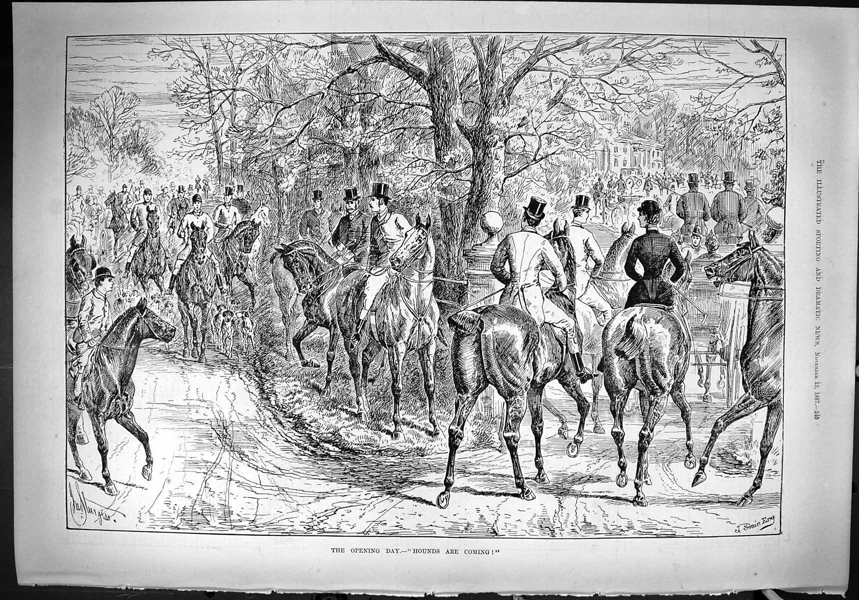 Old Antique Print 1887 Opening Day Hounds Hunting Horses Huntsmen Sport 19th