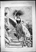 Old Antique Print Beautiful Woman Carrying Sticks Head Capri Steps 1887 19th