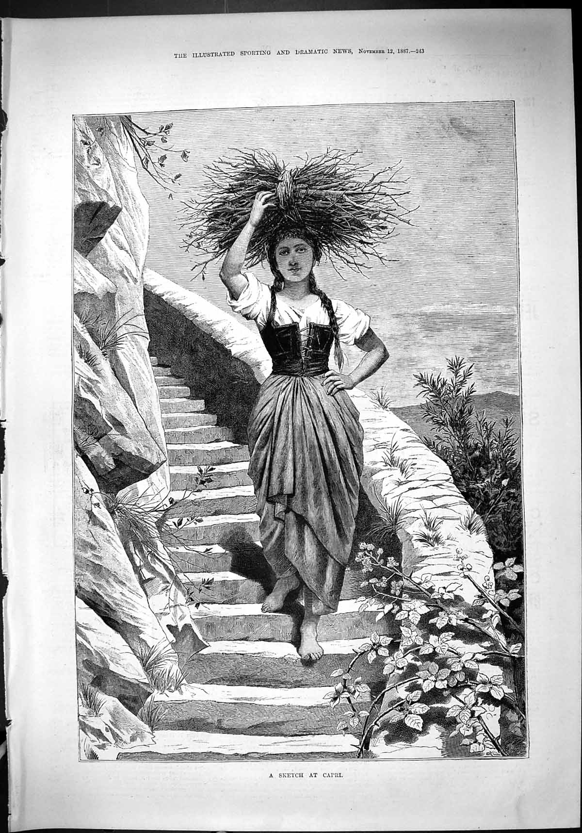 Old Antique Print Beautiful Woman Carrying Sticks Head Capri Steps 1887 19th