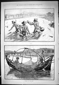 Antique Old Print 1887 Fishing River Arno Men River Boat Nets Angling Sport
