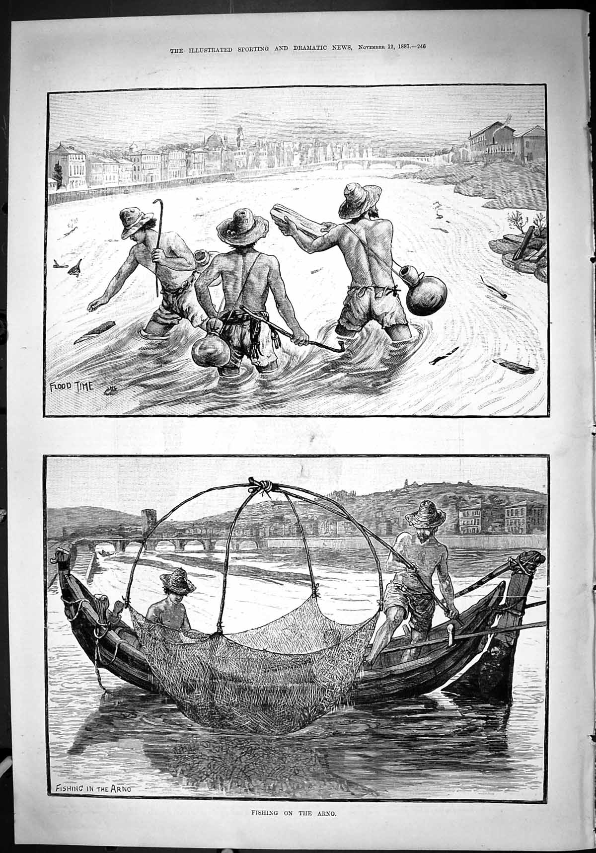 Antique Old Print 1887 Fishing River Arno Men River Boat Nets Angling Sport