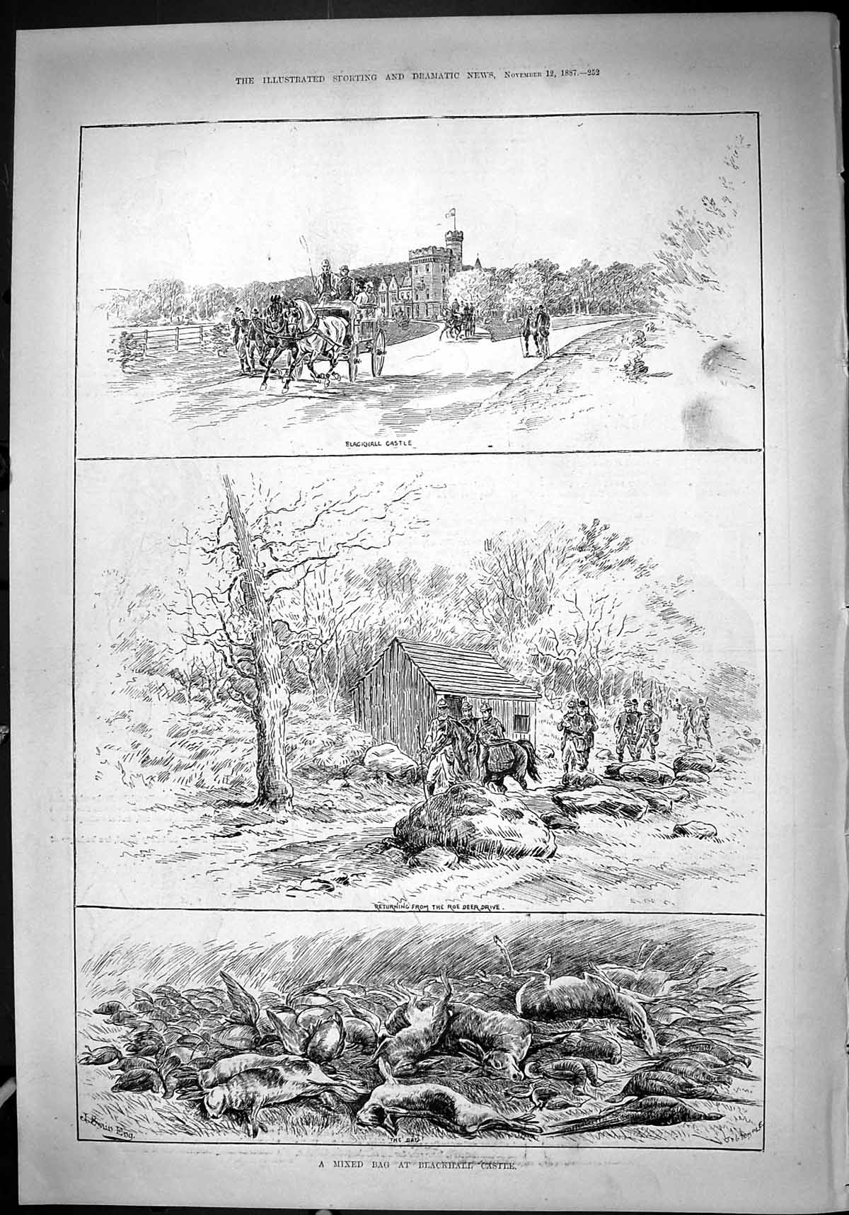 Old Theatre Critic 1887 Blackhall Castle Hunting Roe Deer Drive Birds Victorian
