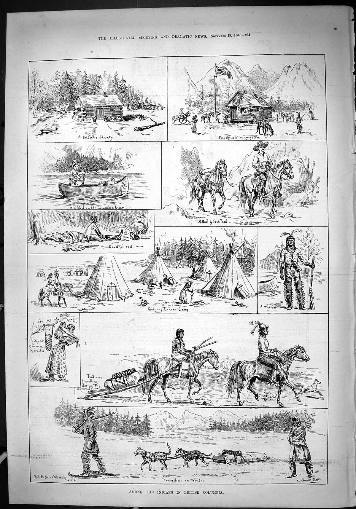 Antique Old Print 1887 Indians British Columbia River Post Fice Trading Store