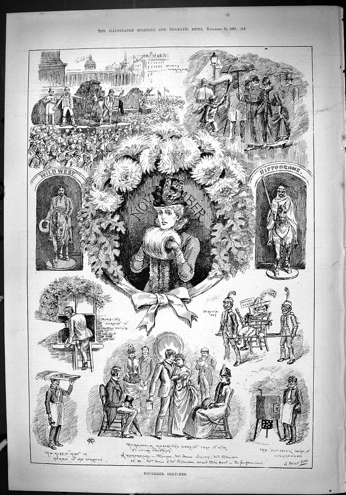 Old Antique Print 1887 November Hippodrome Wild West Entertainment Swain 19th