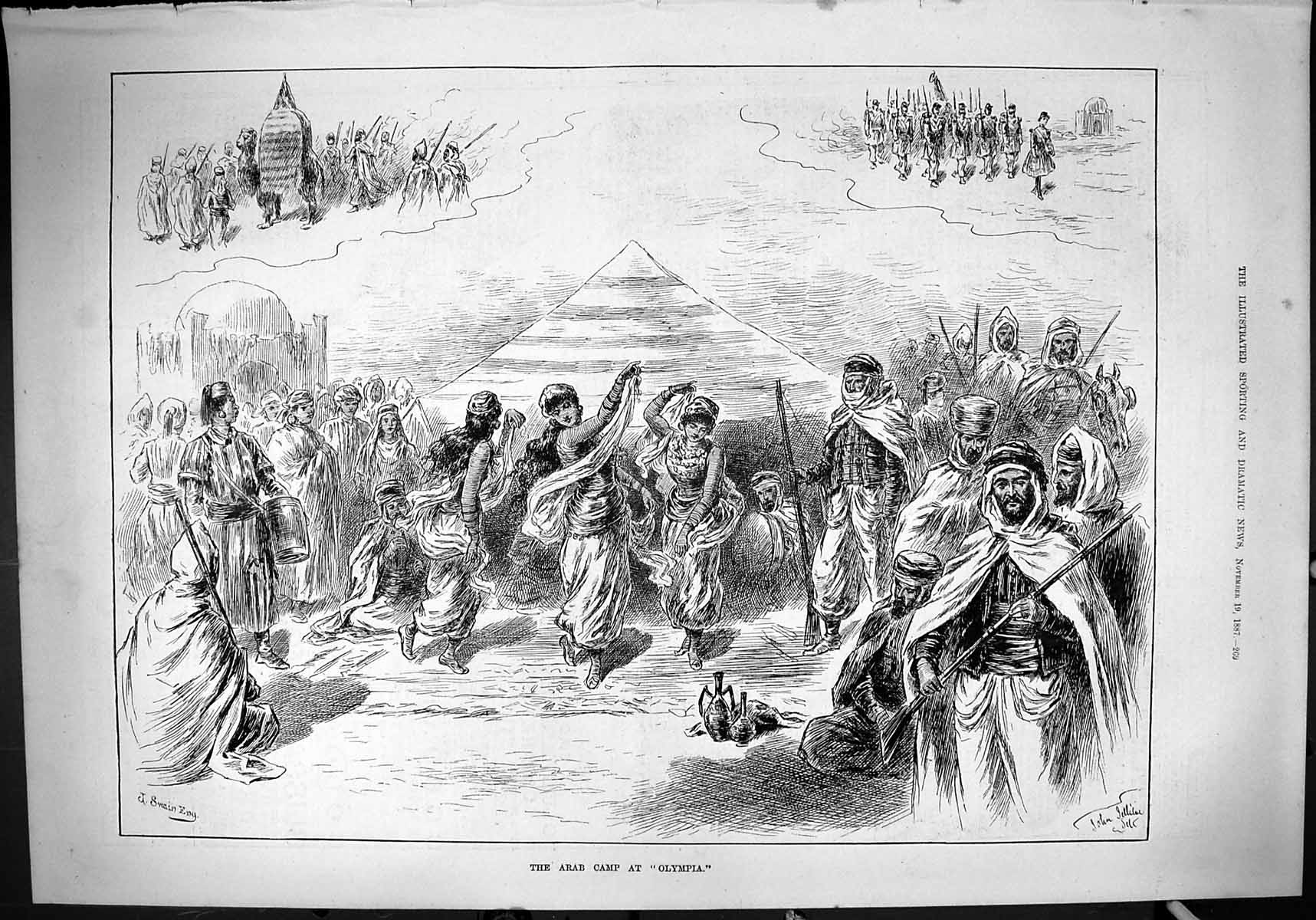 Antique Print 1887 Arab Camp Olympia Ladies Dancing Men Guns Entertainment 19th