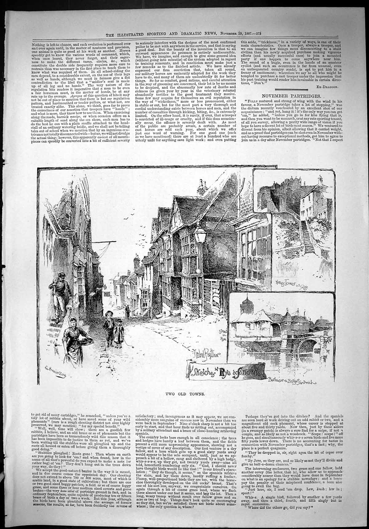 Antique Old Print 1887 Towns Ypres Tower Barbacane Bridge Sandwich Rye Street