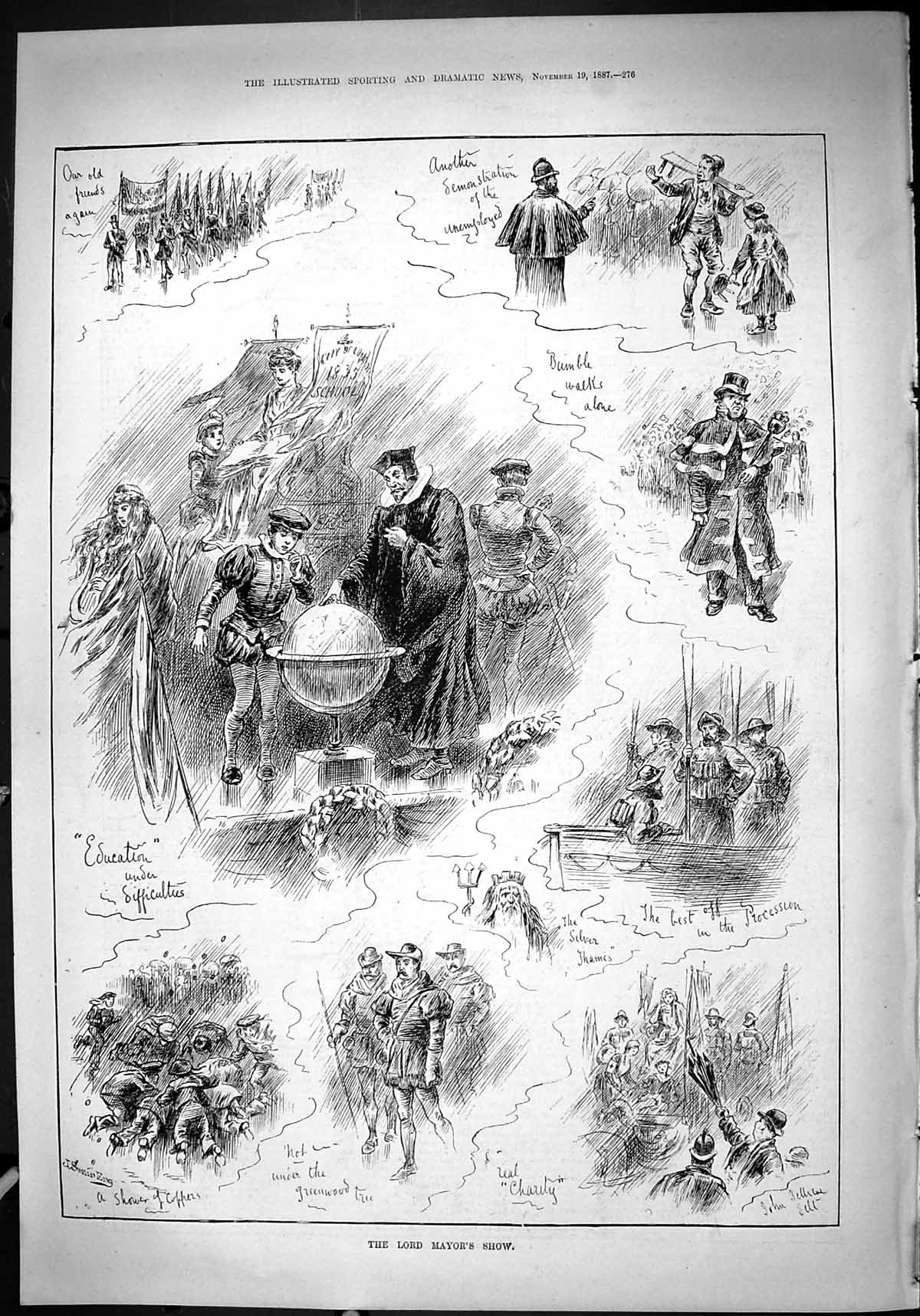 Original Old Antique Print 1887 Lord Mayor'S Show Procession Entertainment 19th