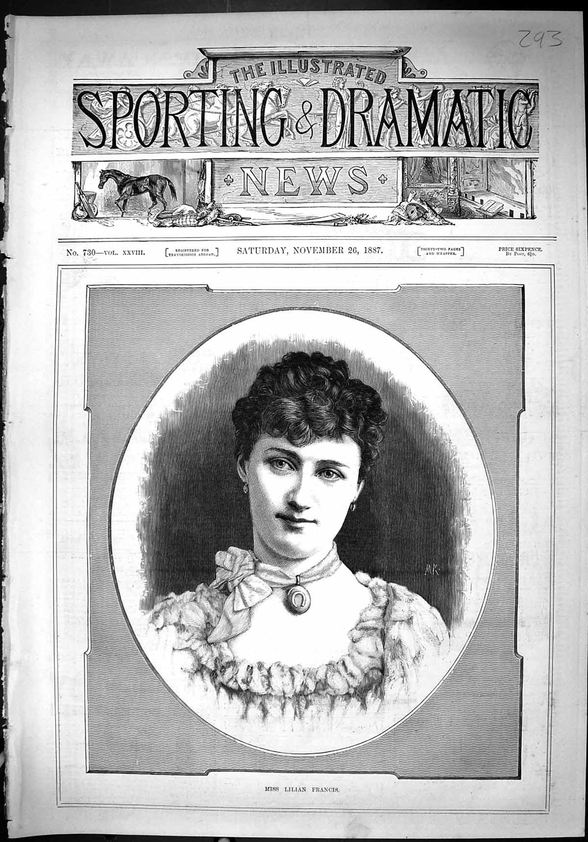 Original Old Antique Print 1887 Portrait Miss Lilian Francis Beautiful Woman