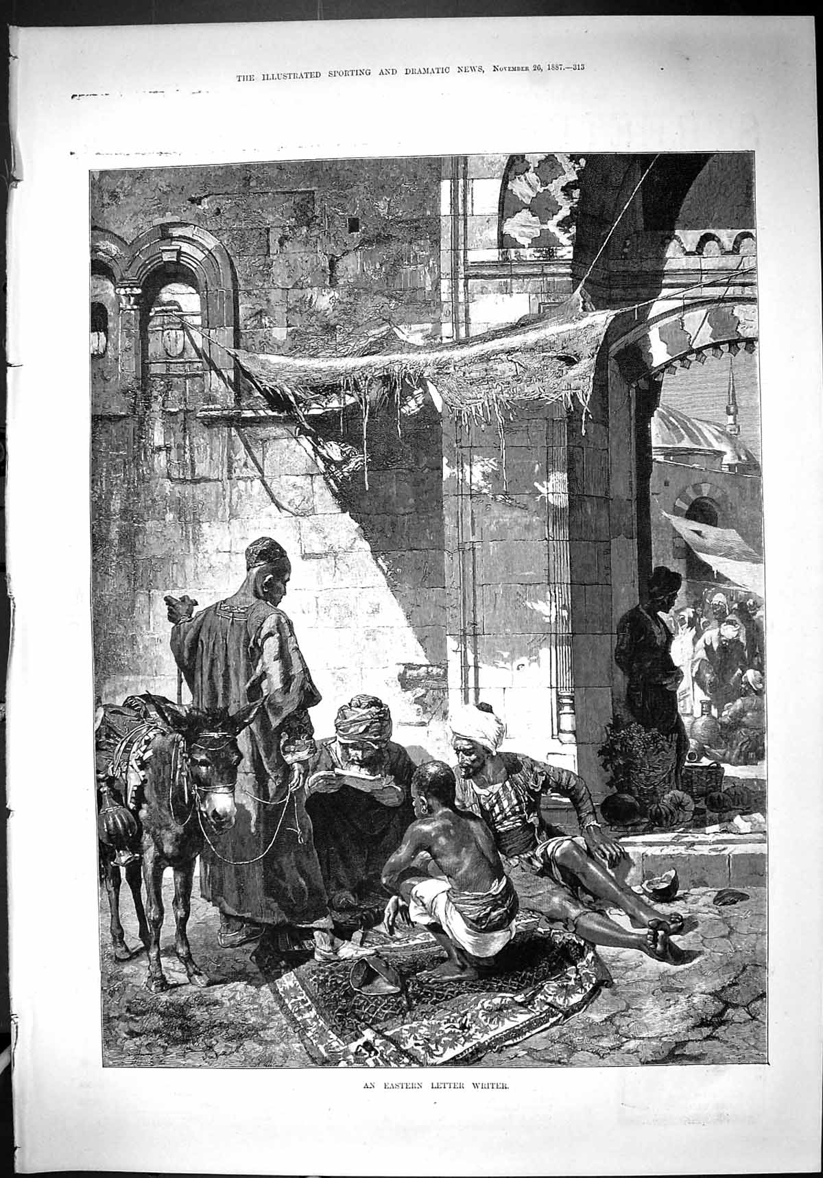Antique Print 1887 Eastern Letter Writer Donkey Street Scene Theatre Critic