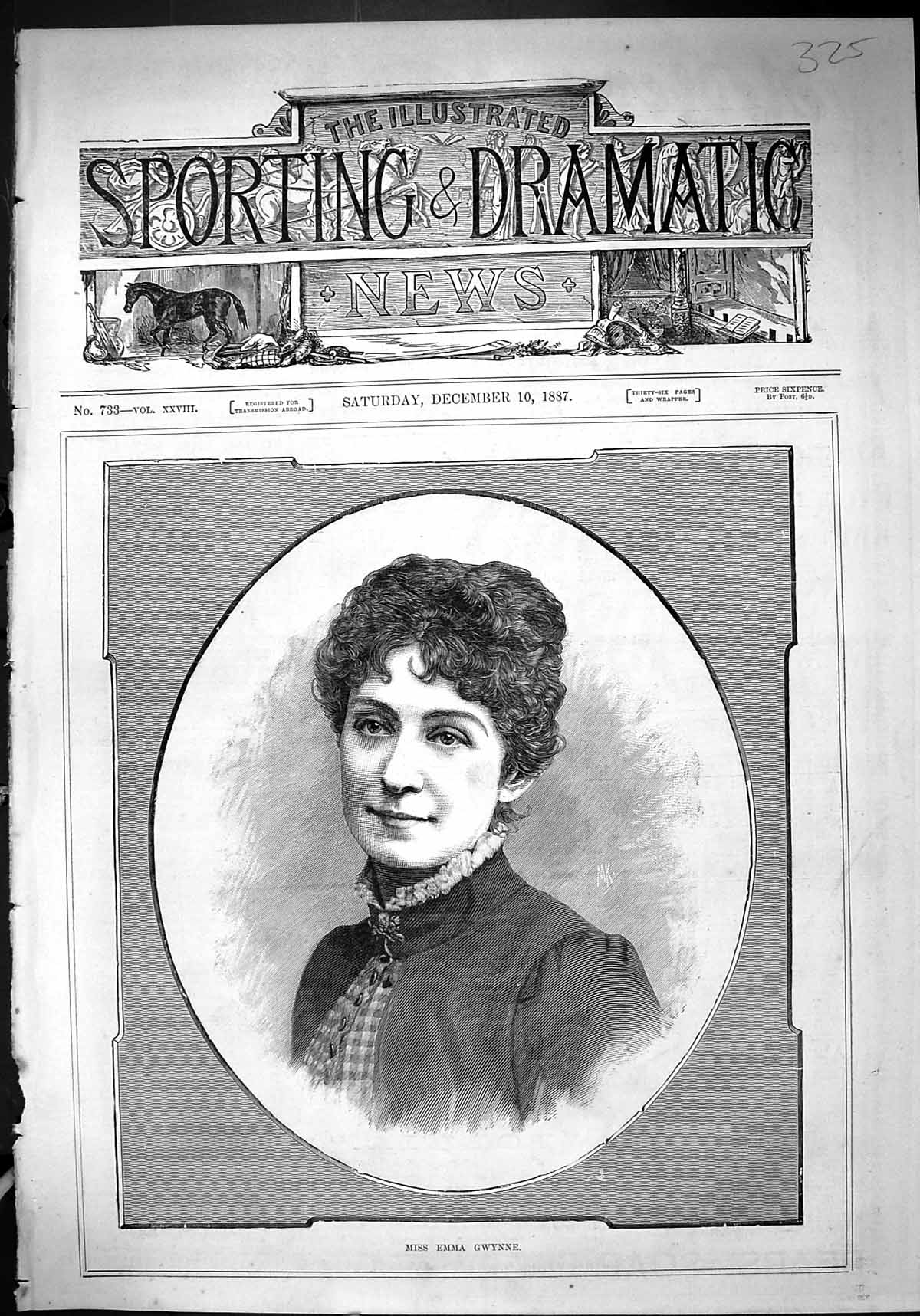 Original Old Antique Print 1887 Portrait Beautiful Woman Miss Emma Gwynne 19th