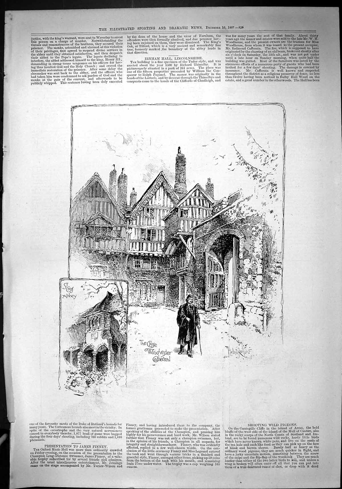Original Old Antique Print 1887 St. Cross Abbey Close Winchester Cathedral 19th