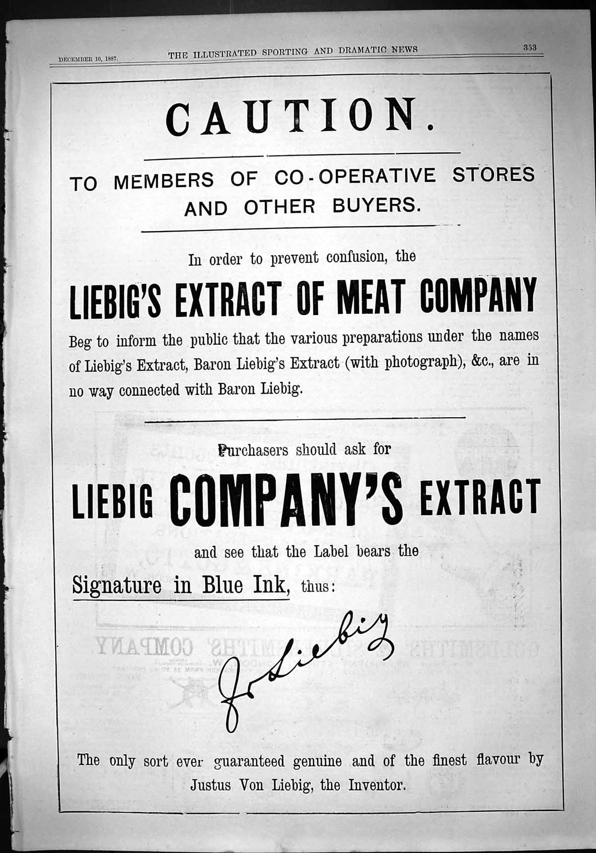 Antique Old Print 1887 Advertisement Justus Von Liebig Extract Meat Company