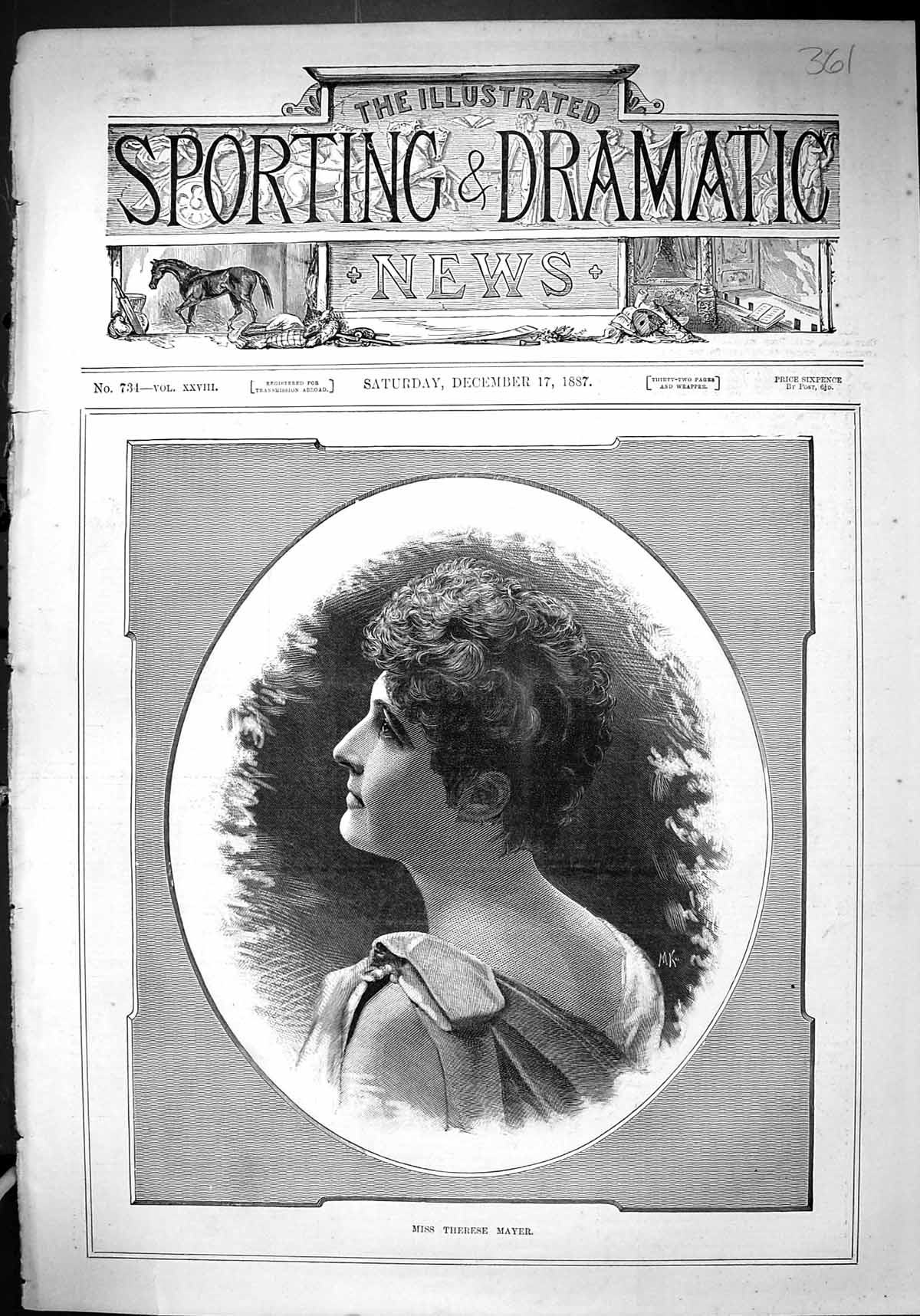 Original Old Antique Print 1887 Portrait Beautiful Woman Miss Therese Mayer