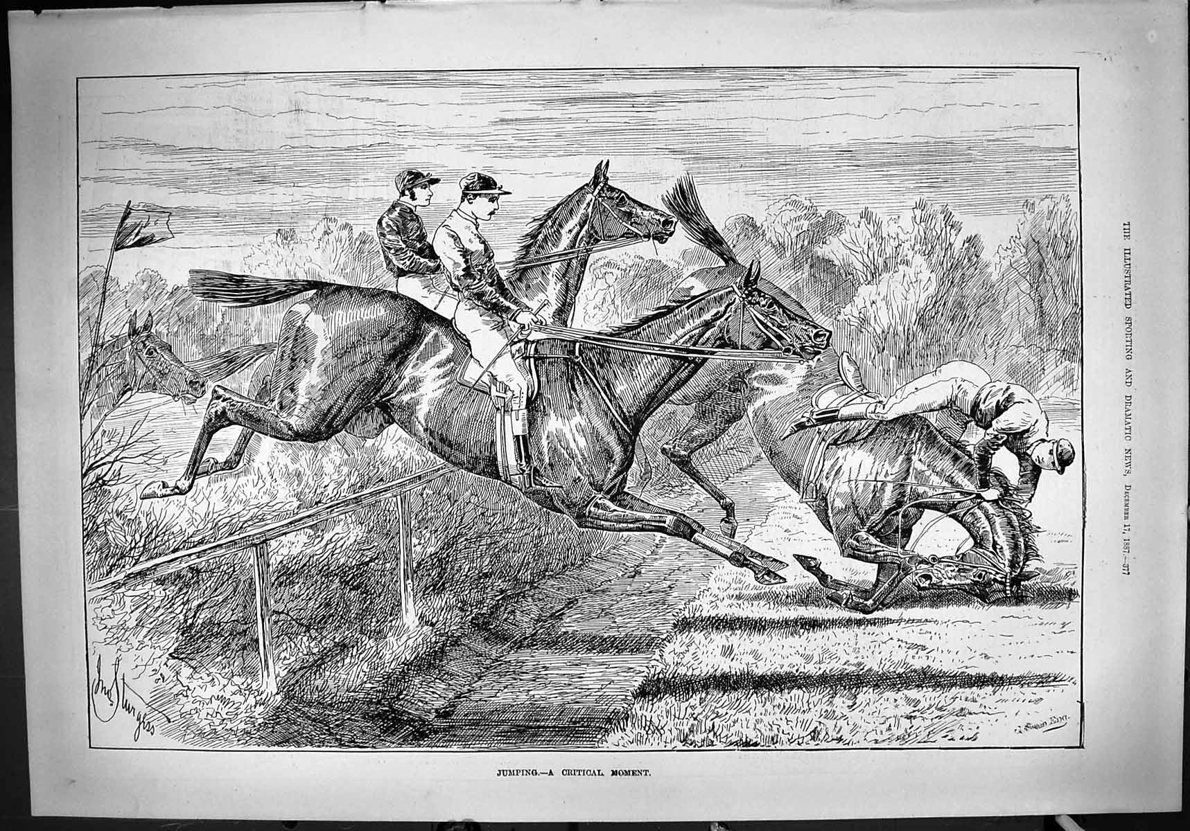 Antique Old Print 1887 Horses Jumping Critical Moment Falling Jockeys Swain