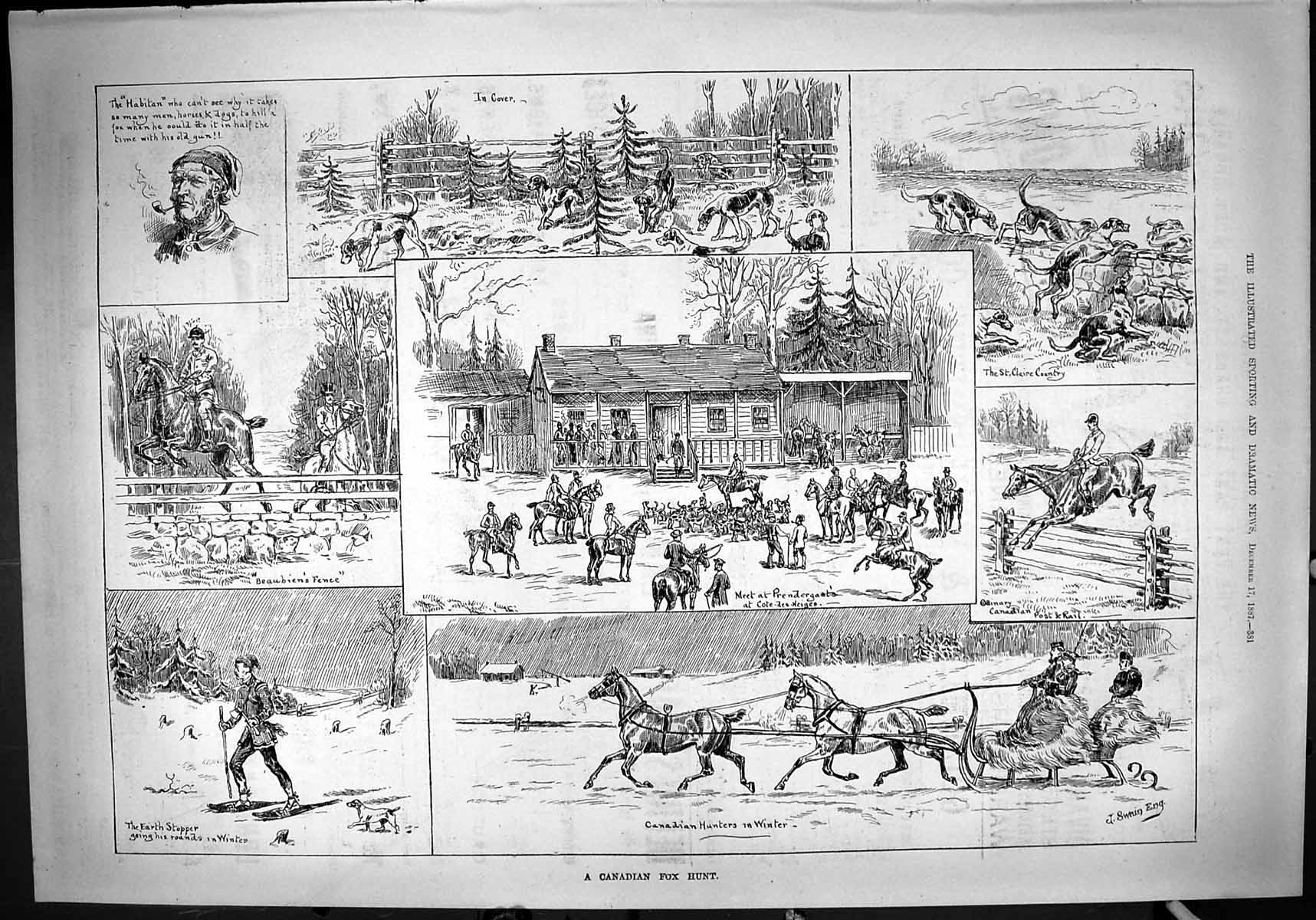 Antique Old Print 1887 Canadian Fox Hunt Hunters Horses St. Claire Country 19th