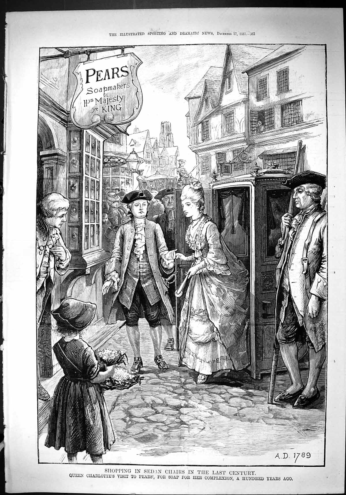 Old 1887 Advertisement Pears Soap Street Scene Shopping Sedan Chairs Victorian
