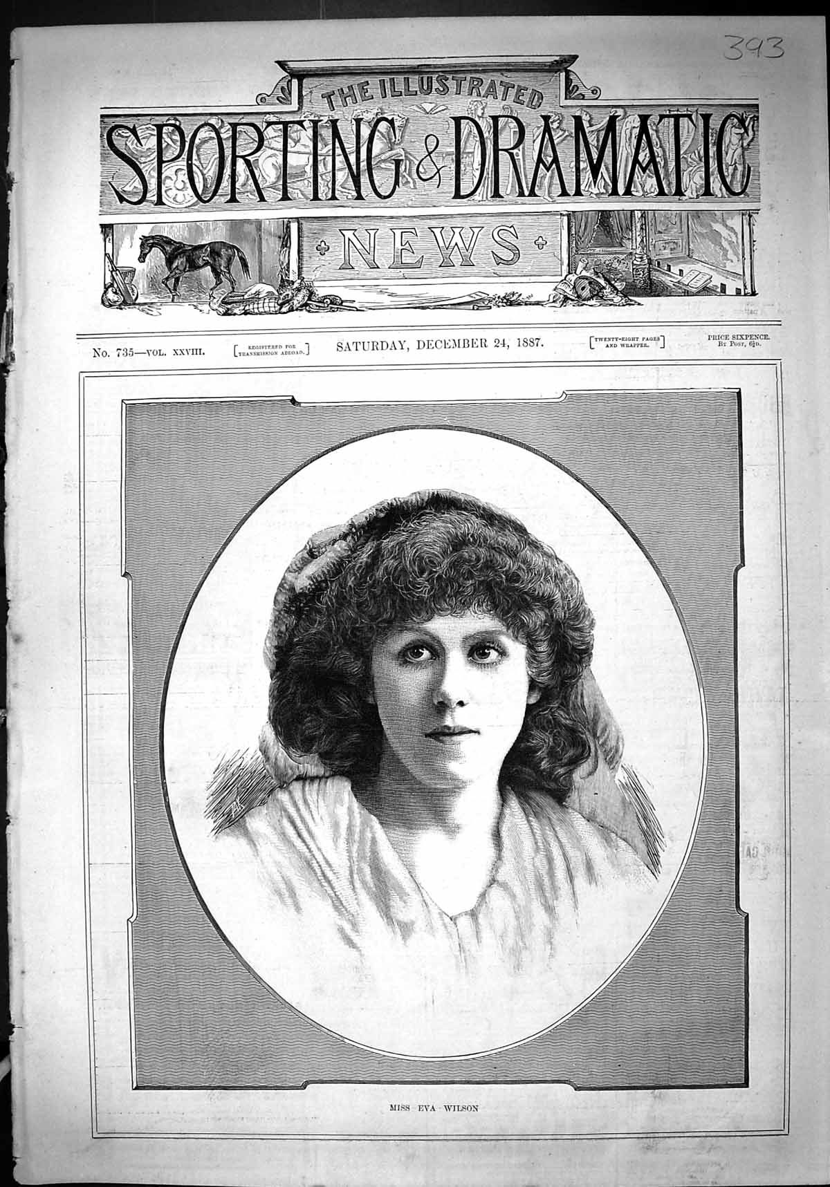 Original Old Antique Print 1887 Portrait Miss Eva Wilson Beautiful Woman 19th