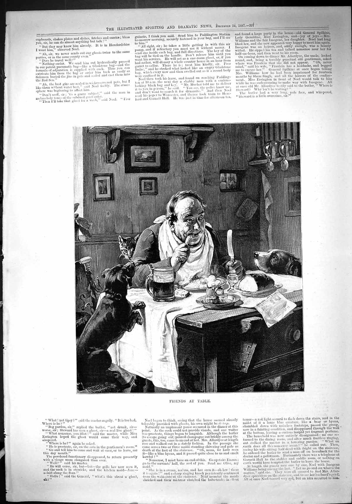 Original Old Antique Print 1888 Friends At Dinner Table Man Puppy Dogs Cat 19th