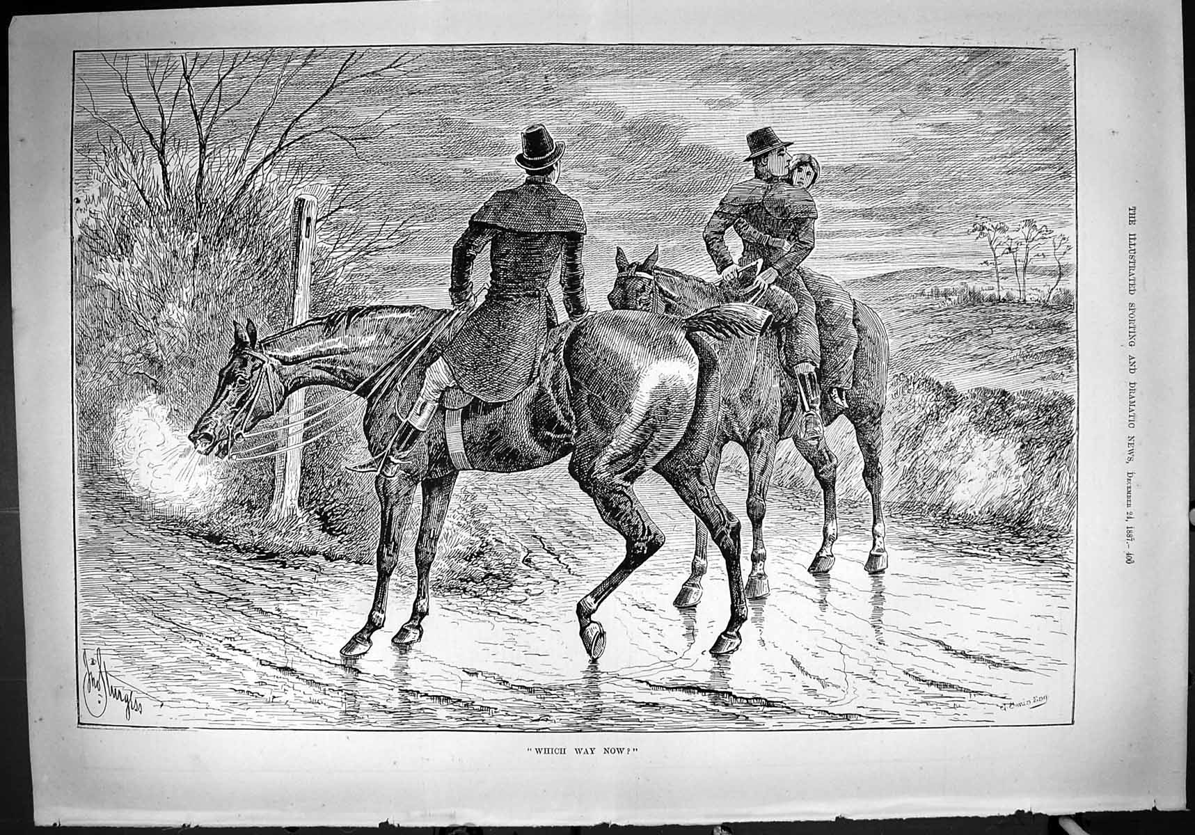 Original Old Antique Print Which Way Now Travellers Horses Lost Road 1887 Swain