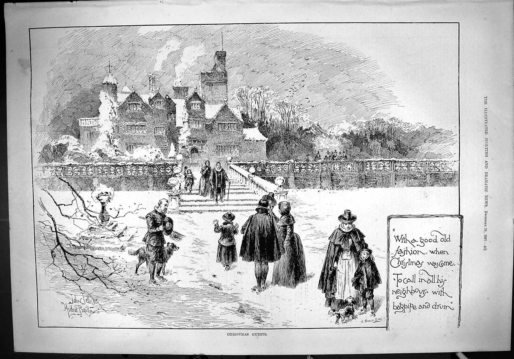 Old Print 1887 Christmas Guests Mansion House Winter Snow Swain Jellicoe 19th