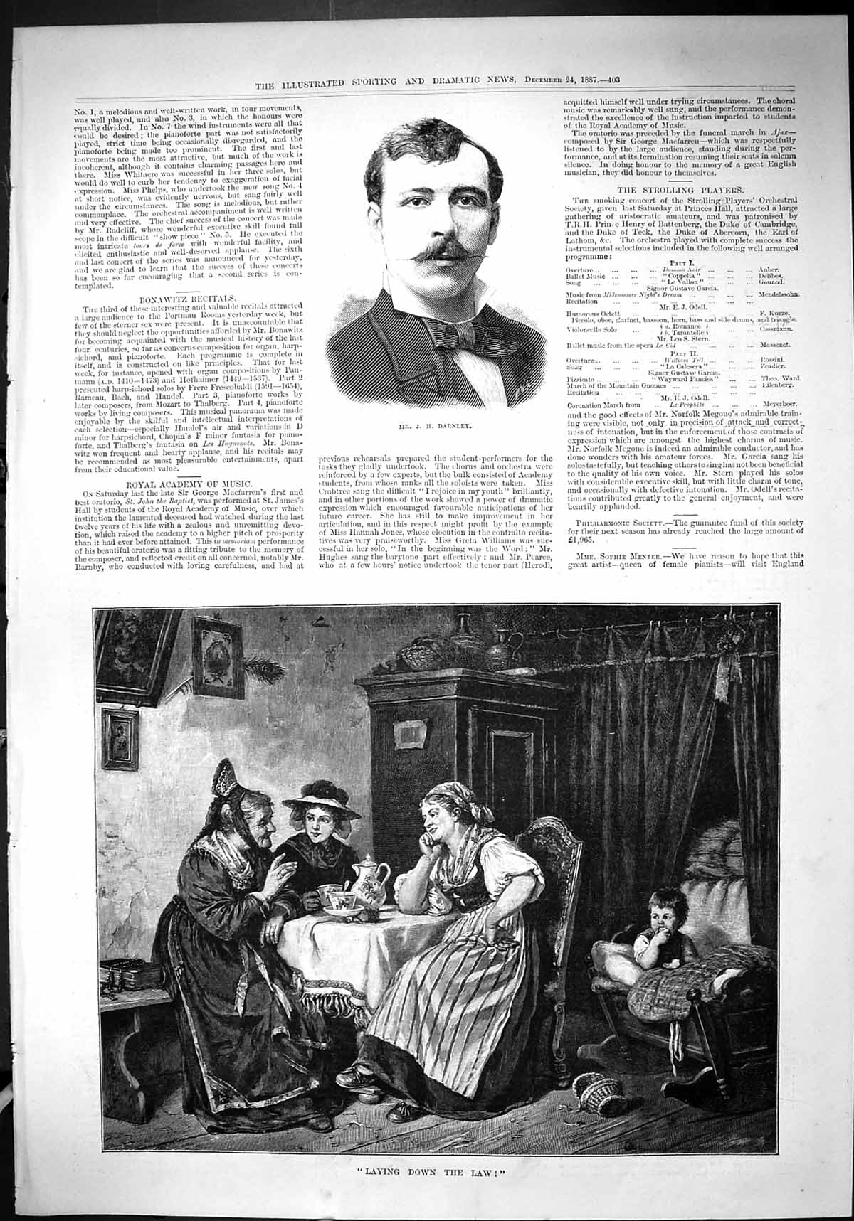 Original Old Antique Print 1887 Darnley Lady Laying Down The Law Baby Cot 19th