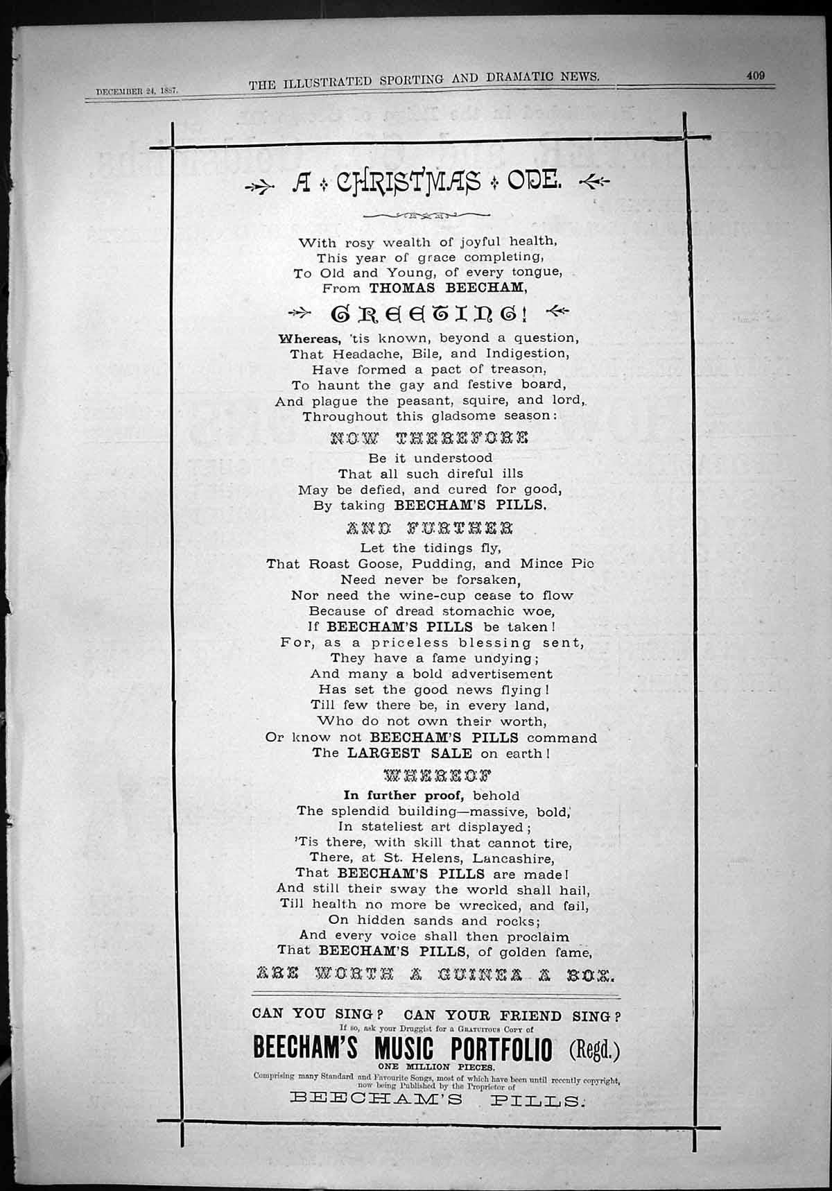 Antique Old Print 1887 Advertisement Thomas Beechams Pills Music Portfolio 19th