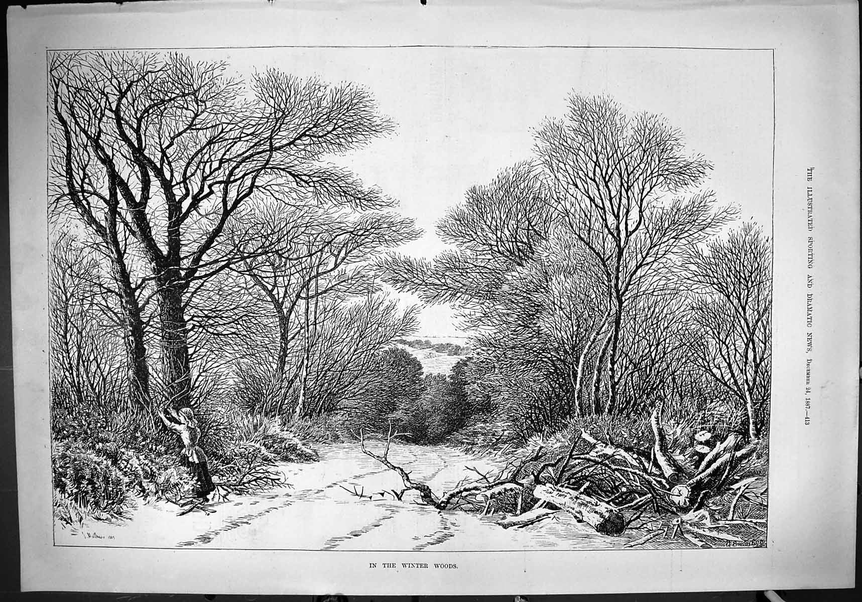 Original Old Antique Print Scene Winter Woods Woman Gathering Sticks Snow 1887