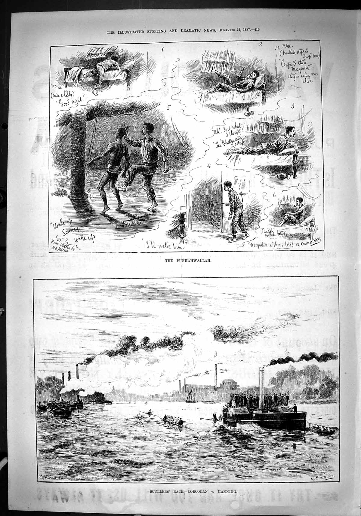 Old Antique Print 1887 Punkahwallah Scullers Race Corcoran Manning Boats 19th