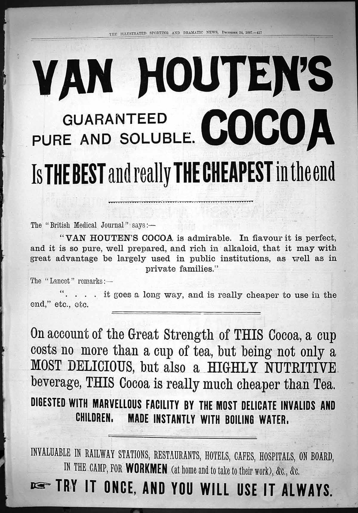 Original Old Antique Print 1887 Advertisement Van Houten'S Cocoa 19th