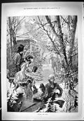 Antique Old Print 1887 Winter Scene Snow Ideal Ladies Dog Trees Ice Skates 19th