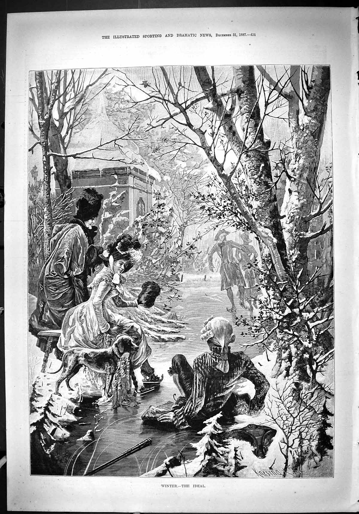 Antique Old Print 1887 Winter Scene Snow Ideal Ladies Dog Trees Ice Skates 19th