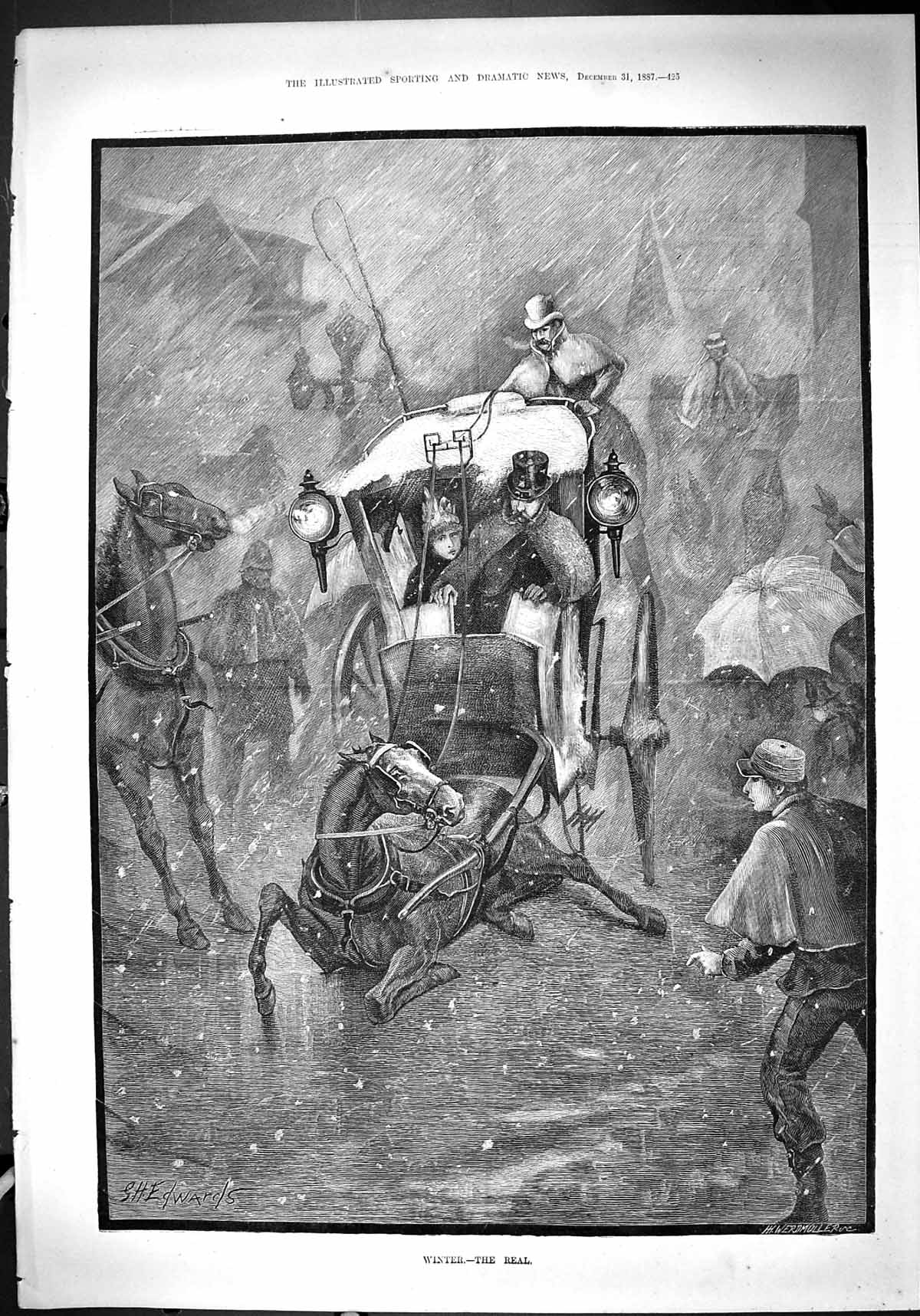 Antique Old Print Winter Scene Horses Slipping Ice Transport Coach Snow 1887