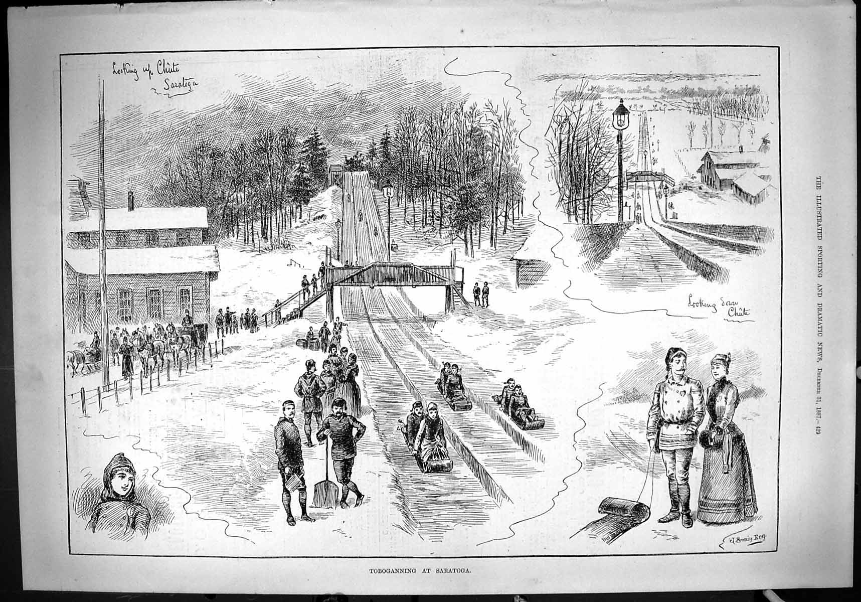 Original Old Antique Print Chute Toboganning Saratoga Snow Amusements 1887 19th
