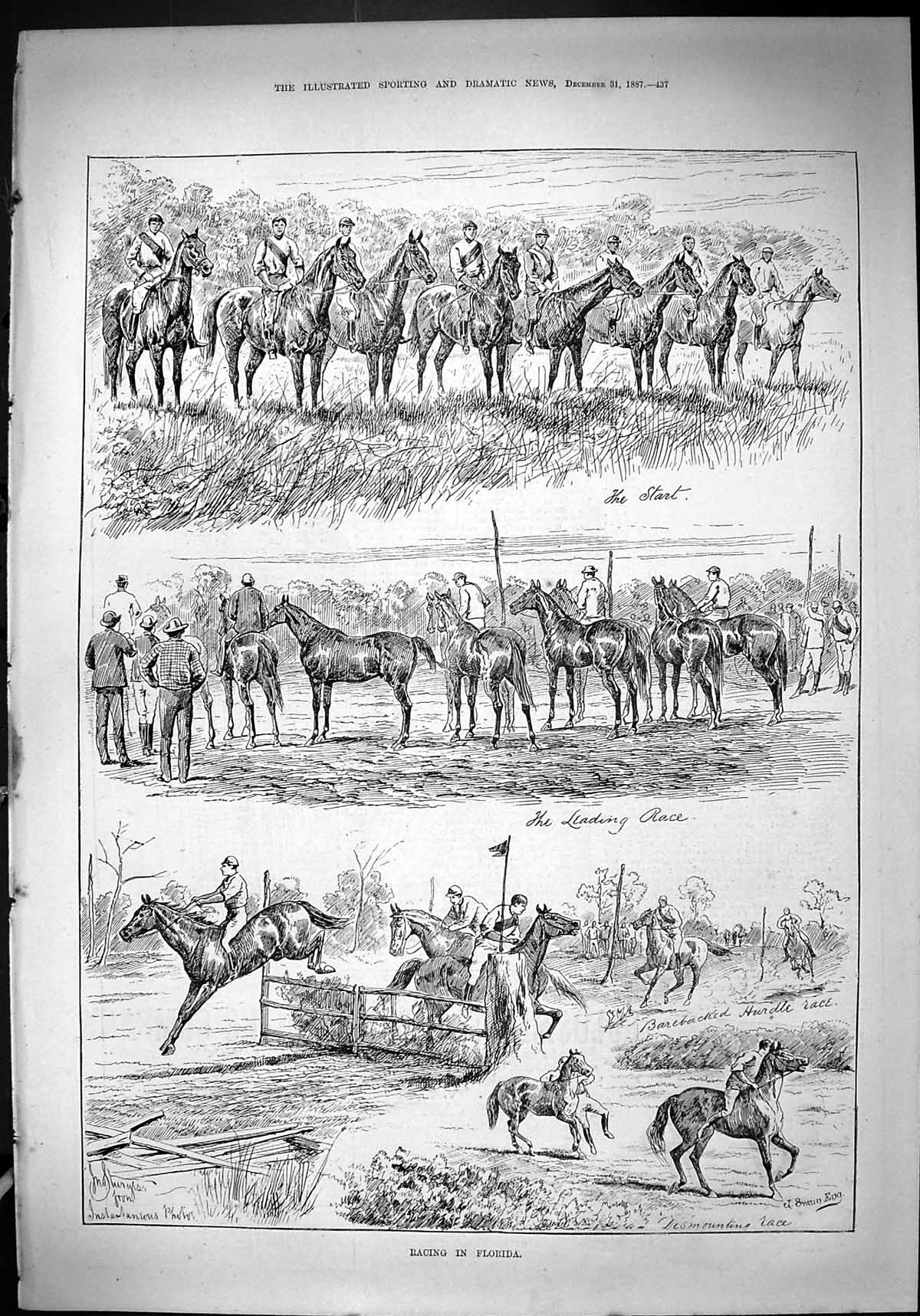 Old Antique Print Horse Racing Florida America Jumping Fences Sport 1887 19th