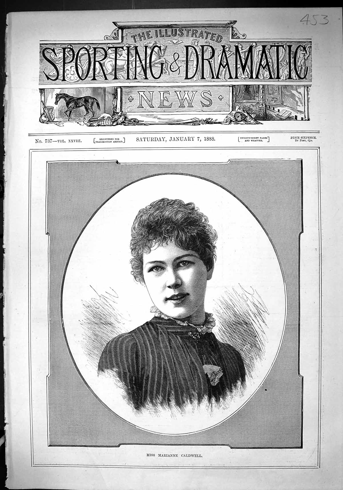 Original Old Antique Print 1888 Portrait Miss Marianne Caldwell Beautiful Woman