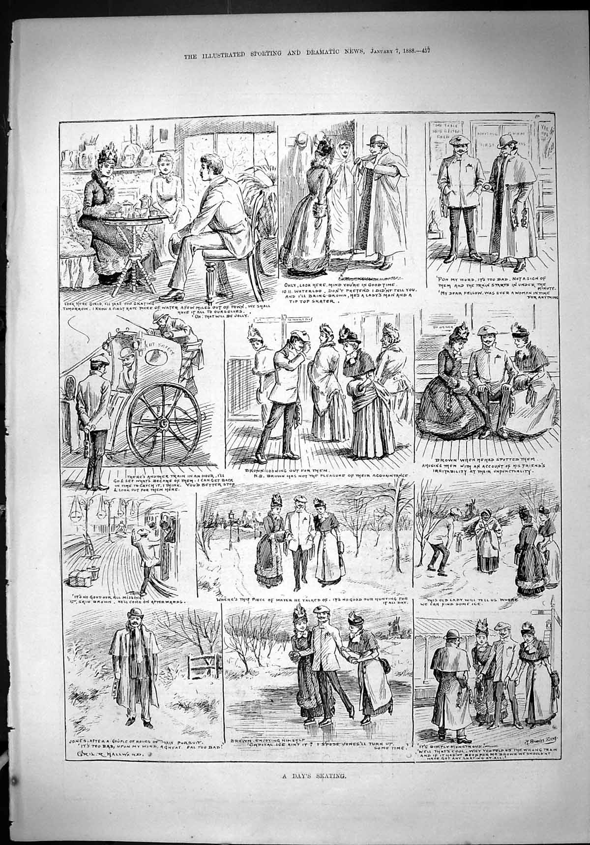 Old Antique Print 1888 Day'S Ice Skating Winter Sport Amusement Romance 19th