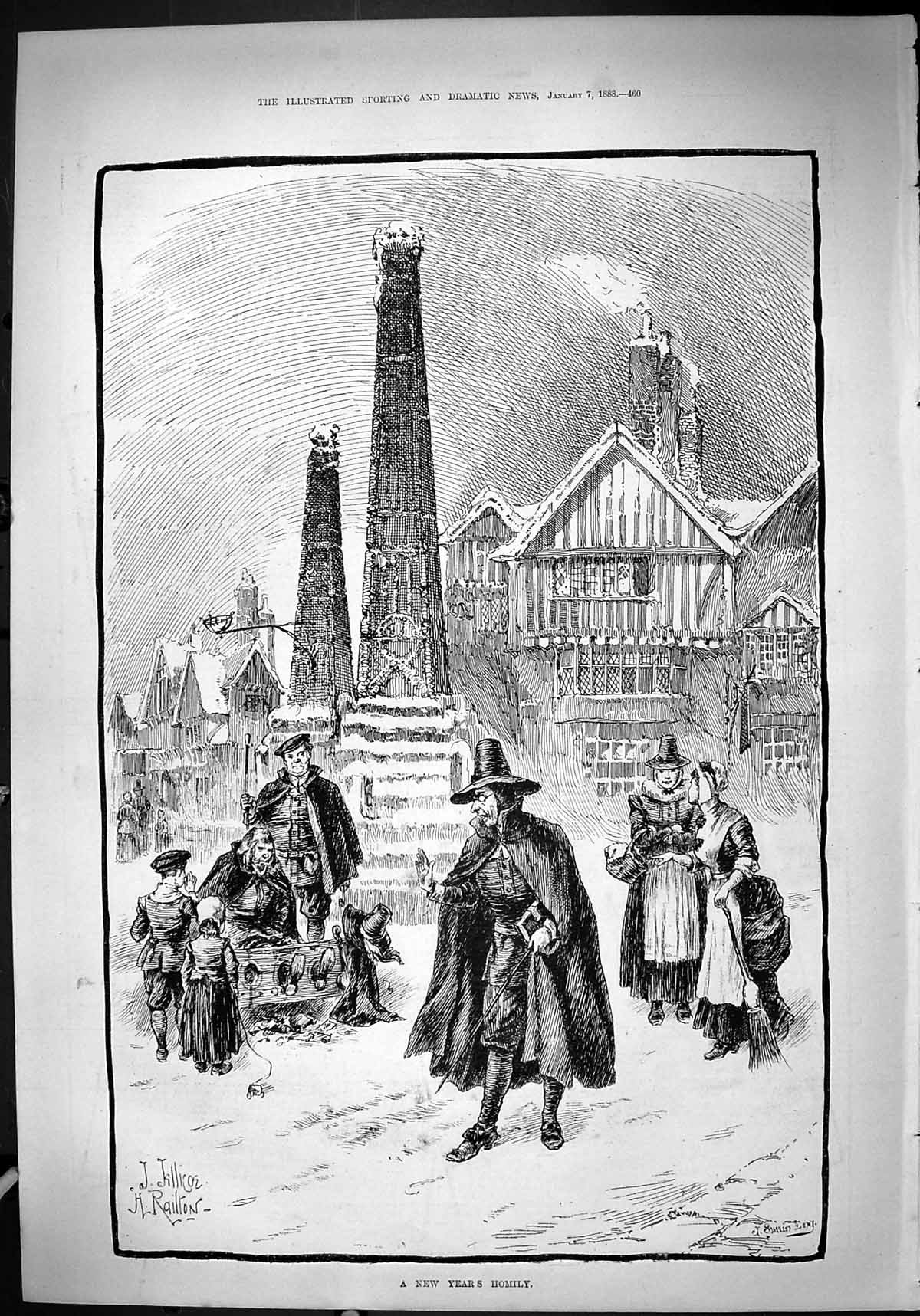 Old Antique Print 1888 New Years Homily Stocks Stree Scene Houses Swain 19th