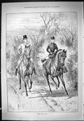 Original Old Antique Print 1888 After The Frost Man Lady Hunting Horses Swain